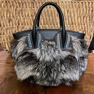 Louboutin Eloise small silver Fox Fur purse  leather shoulder strap black grey